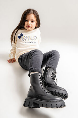 mnpc Kız Çocuk Siyah Hakiki Deri Suya Dayanıklı Postal