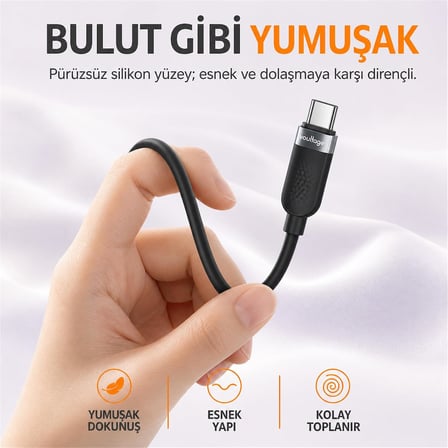 USB-C to USB-C Silikon Hızlı Şarj ve Veri Kablosu, 60W PD 480 Mbps, Yumuşak ve Dolaşmaya Dirençli, Telefon Tablet Laptop Uyumlu, 1 Metre, Siyah