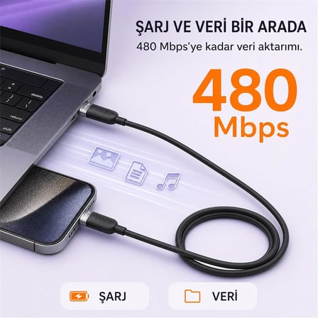 USB-C to USB-C Silikon Hızlı Şarj ve Veri Kablosu, 60W PD 480 Mbps, Yumuşak ve Dolaşmaya Dirençli, Telefon Tablet Laptop Uyumlu, 1 Metre, Siyah