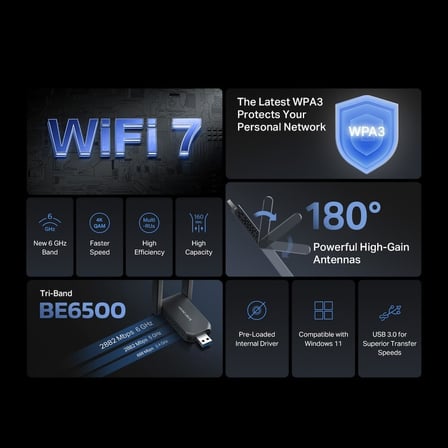 MA37BEH | BE6500 Wi-Fi 7 Kablosuz USB Adaptör | 6.5 Gbps Üç Bant Hız | 6 GHz Desteği | Yüksek Kazançlı Anten | USB 3.0 | Dahili Sürücü Tak Çalıştır | WPA3 Güvenlik | Windows 10/11 Uyumlu