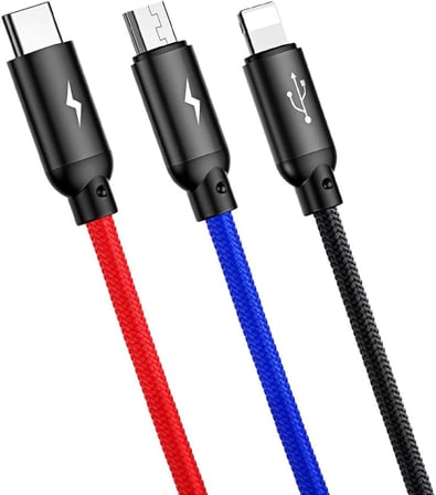 3 in 1, Lightning için Şarj & Data Aktarım, Micro USB & USB-C için Şarj Kablosu, 0.3 Metre, Siyah