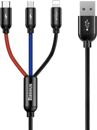 3 in 1, Lightning için Şarj & Data Aktarım, Micro USB & USB-C için Şarj Kablosu, 0.3 Metre, Siyah