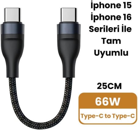 Super Şarj 5A 66W Type-C Şarj Kablosu Kısa Type-C Powerbank Şarj Kablosu Örgü Kopmaz Kablo