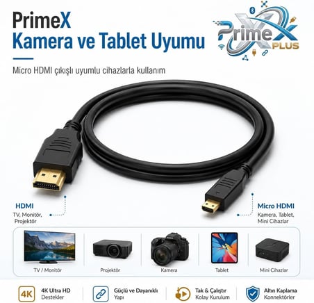 PrimeX PX-1121 Micro HDMI to HDMI Kablo, 1.5 Metre 1080P Full HD Hdmi Görüntü ve Ses Aktarım Kablosu, Micro Hdmi Type-D Kamera Tablet Mini Laptop Raspberry Pi TV Monitör Projeksiyon Bağlantı Kablosu