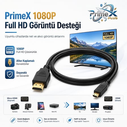 PrimeX PX-1121 Micro HDMI to HDMI Kablo, 1.5 Metre 1080P Full HD Hdmi Görüntü ve Ses Aktarım Kablosu, Micro Hdmi Type-D Kamera Tablet Mini Laptop Raspberry Pi TV Monitör Projeksiyon Bağlantı Kablosu