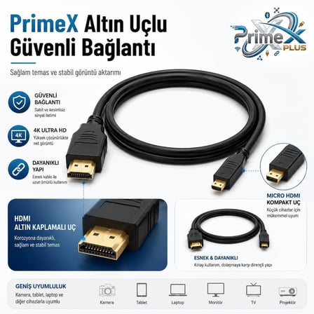 PrimeX PX-1121 Micro HDMI to HDMI Kablo, 1.5 Metre 1080P Full HD Hdmi Görüntü ve Ses Aktarım Kablosu, Micro Hdmi Type-D Kamera Tablet Mini Laptop Raspberry Pi TV Monitör Projeksiyon Bağlantı Kablosu
