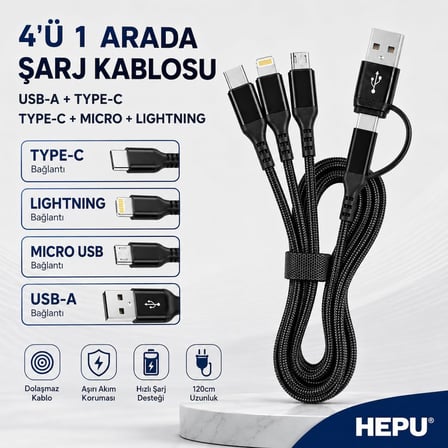 HP-13 3in1 Çoklu Hızlı Şarj Kablosu – Lightning Type-C & Micro USB Çıkışlı Örgülü Kumaş Kablo Ev Araç ve Ofis Uyumlu (1.2 Metre)
