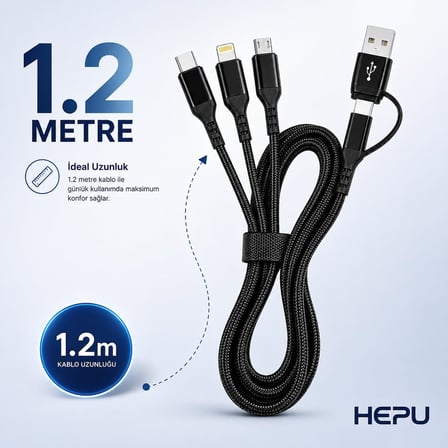 HP-13 3in1 Çoklu Hızlı Şarj Kablosu – Lightning Type-C & Micro USB Çıkışlı Örgülü Kumaş Kablo Ev Araç ve Ofis Uyumlu (1.2 Metre)
