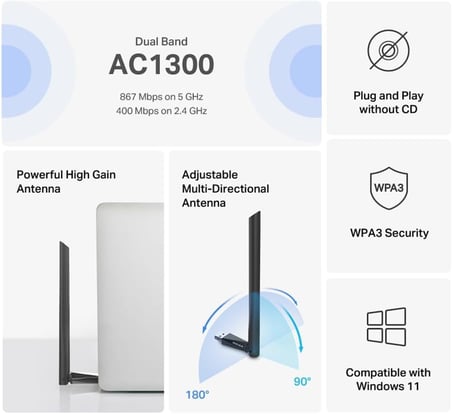 MA30H, AC1300 Mbps, Çift Bant, USB 3.0, Yüksek Çekim Güçlü Wi-Fi 5 USB Adaptör