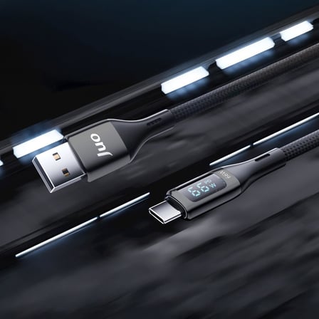 66W Dijital Led Ekranlı Örgülü USB-A to USB Type-C Hızlı Şarj ve Data Kablosu 2 Metre