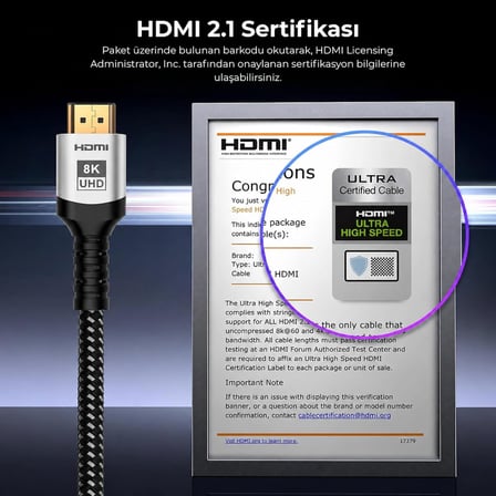Ultra Sertifikalı HDMI 2.1 Kablo, 8K@60Hz, 4K@240Hz, 48 Gbit/s, HDMI Sertifikalı, Alüminyum Gövde - 2 Metre