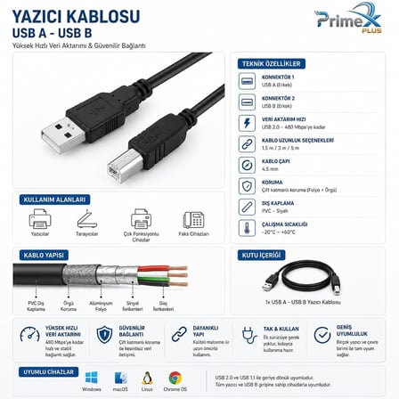 PrimeX PX-Y15 1.5 Metre Siyah USB Yazıcı Kablosu, USB-A to USB-B Printer Kablo, Yazıcı Tarayıcı Fotokopi Cihazı Bağlantı Kablosu, PC Laptop USB-B Girişli Yazıcılar ile Uyumlu