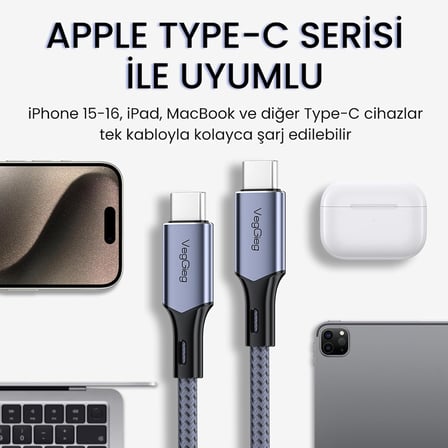 100W 5A E-Mark Çipli PD Type-C to Type-C Hızlı Şarj ve Data Kablosu 1.2 Metre