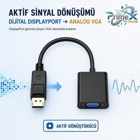 PrimeX PX-1320 DisplayPort to VGA Aktif Dönüştürücü, DP Erkek to VGA Dişi Görüntü Çevirici Adaptör, PC Anakart Ekran Kartı DisplayPort Çıkışından VGA Monitör Projeksiyon Bağlantı Aparatı, 20 cm