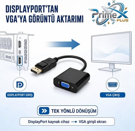 PrimeX PX-1320 DisplayPort to VGA Aktif Dönüştürücü, DP Erkek to VGA Dişi Görüntü Çevirici Adaptör, PC Anakart Ekran Kartı DisplayPort Çıkışından VGA Monitör Projeksiyon Bağlantı Aparatı, 20 cm