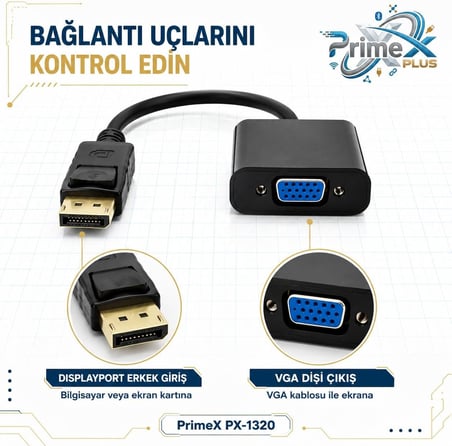 PrimeX PX-1320 DisplayPort to VGA Aktif Dönüştürücü, DP Erkek to VGA Dişi Görüntü Çevirici Adaptör, PC Anakart Ekran Kartı DisplayPort Çıkışından VGA Monitör Projeksiyon Bağlantı Aparatı, 20 cm