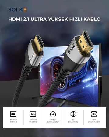 HDMI 2.1 Kablo UHD 8K 60Hz 4K 120Hz 48Gbps HDR eARC HDCP TV Monitör PS5 Xbox Görüntü Kablosu Örgülü Alüminyum (3 Metre)