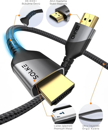 HDMI 2.1 Kablo UHD 8K 60Hz 4K 120Hz 48Gbps HDR eARC HDCP TV Monitör PS5 Xbox Görüntü Kablosu Örgülü Alüminyum (3 Metre)