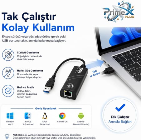 PrimeX PX-2035 USB 3.0 Gigabit Ethernet Adaptör, 1000Mbps USB to RJ45 LAN Dönüştürücü, USB Network Çevirici, PC Notebook İçin Kablolu İnternet Adaptörü, 10/100/1000Mbps Gigabit USB İnternet Çevirici