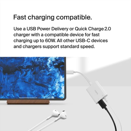 Rockstar™ 3,5 Mm Ses + Usb-C® Şarj Adaptörü, Usb-C 60W Güç Dağıtımlı Kulaklık Adaptörü İphone 15, İpad Pro, Galaxy, Note, Google Pixel, Lg, Sony Xperia Ve Daha Fazlası İ̇Çin Hızlı Şarj - Beyaz