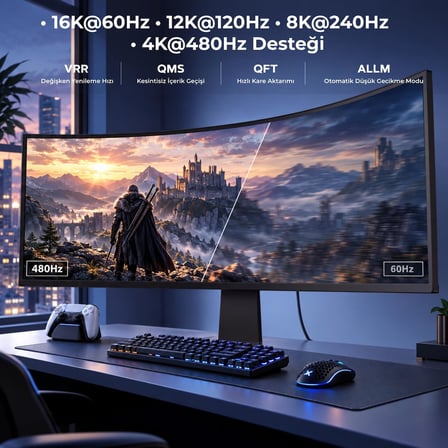 HDMI 2.2 Kablo 16K 96Gbps, 16K@60Hz, 8K@240Hz, HDMI 2.2, Alüminyum Gövde - 2 Metre