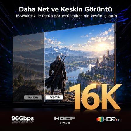 HDMI 2.2 Kablo 16K 96Gbps, 16K@60Hz, 8K@240Hz, HDMI 2.2, Alüminyum Gövde - 2 Metre