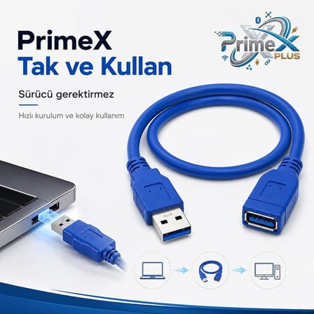 PrimeX PX-1710 10 Metre USB 3.0 Uzatma Kablosu, USB Erkek Dişi Ek Kablosu, Mavi USB A Male to Female Extension Cable