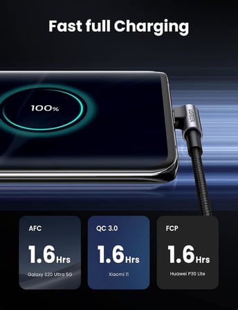 18W, USB to 90 Derece USB-A & USB-C Kablo, 1 Metre, Siyah, ACBUGN50941