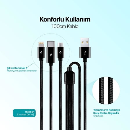 AlumiCable Trio Şarj Kablosu 1mt. Type-C, Lightning, Micro USB