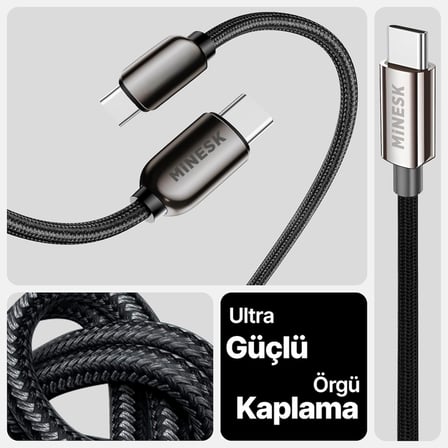 Super-C Serisi 66 Watt Gücünde PD Type-C Hızlı Şarj ve Data Kablosu 100 Cm Uzunluk Kopmaz Örgü Materyal ve Çinko Alaşım Metal Uçlar (66 Watt Ekransız)