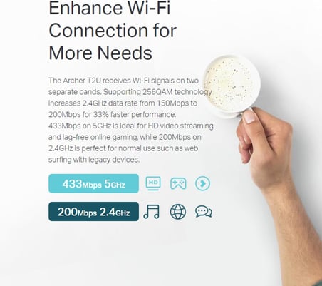 Archer T2U, 600Mbps Kablosuz Dual Band USB Adaptör