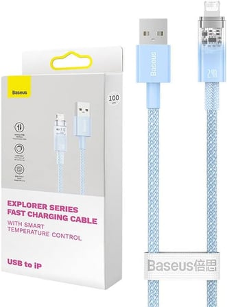 Explorer Serisi Hızlı Şarj Kablosu Akıllı Sıcaklık Kontrolü USB to iP 2.4A, 2m, Mavi