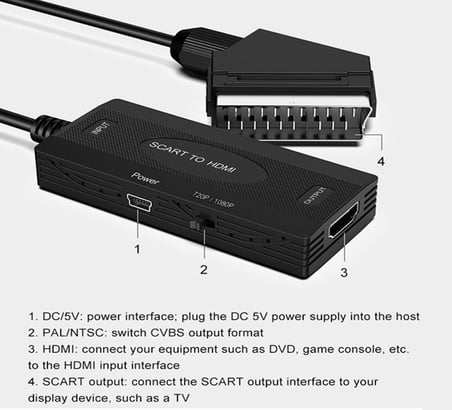 SCART to HDMI (Output) Dönüştürücü Adaptör, SCART Görüntü ve Sesi HDMI’ya Çevirme, 720p 1080p Destekli, PAL NTSC Uyumlu, Eski Tip TV DVD VHS İçin | ZR1126