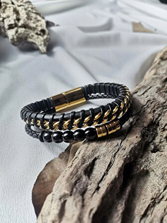 Luna Jewelry Erkek Siyah & Altın Detaylı Hybrid Force 316L Çelik ve Deri Bileklik