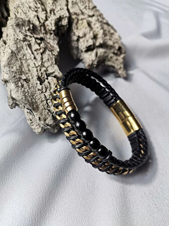 Luna Jewelry Erkek Siyah & Altın Detaylı Hybrid Force 316L Çelik ve Deri Bileklik