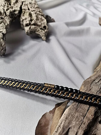 Luna Jewelry Erkek Siyah & Altın Detaylı Hybrid Force 316L Çelik ve Deri Bileklik