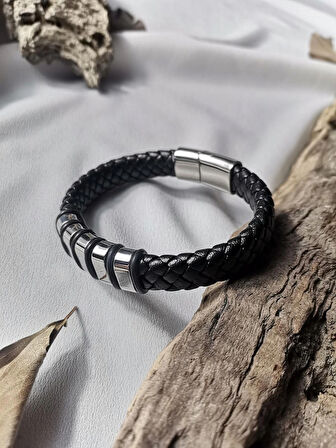 Luna Jewelry Erkek Siyah  Titan Weave 316 L Çelik ve Deri Bileklik