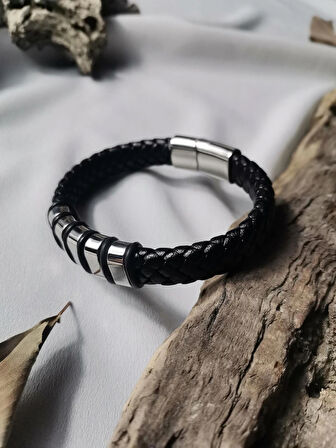 Luna Jewelry Erkek Siyah  Titan Weave 316 L Çelik ve Deri Bileklik