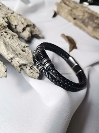 Luna Jewelry Erkek Siyah Supreme Bond 316L Çelik ve Deri Bileklik