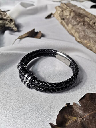Luna Jewelry Erkek Siyah Supreme Bond 316L Çelik ve Deri Bileklik