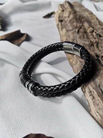 Luna Jewelry Erkek Siyah Supreme Bond 316L Çelik ve Deri Bileklik