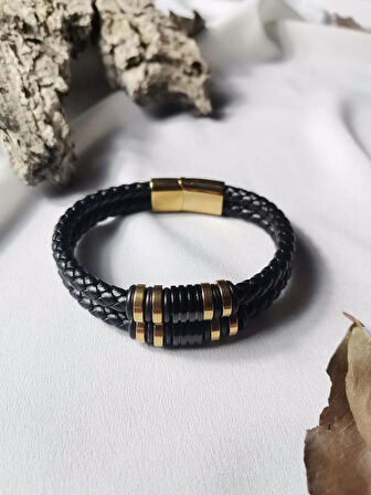 Luna Jewelry Erkek Siyah Supreme Bond 316L Çelik ve Deri Bileklik