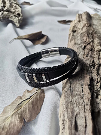Luna Jewelry Erkek Siyah Shadow Elite 316L Çelik ve Deri Bileklik