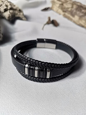 Luna Jewelry Erkek Siyah Shadow Elite 316L Çelik ve Deri Bileklik