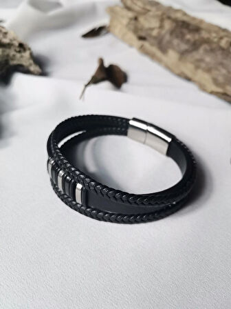 Luna Jewelry Erkek Siyah Shadow Elite 316L Çelik ve Deri Bileklik