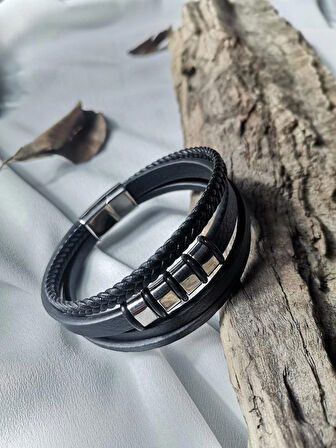 Luna Jewelry Erkek Siyah Noble Touch 316L Çelik ve Deri Bileklik