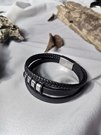 Luna Jewelry Erkek Siyah Noble Touch 316L Çelik ve Deri Bileklik
