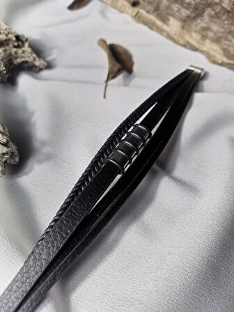 Luna Jewelry Erkek Siyah Noble Touch 316L Çelik ve Deri Bileklik