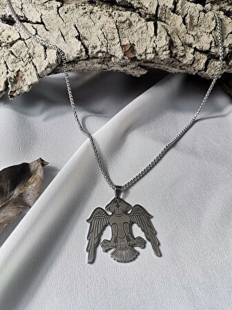 Luna Jewelry Erkek Gümüş Renk Çift Başlı Kartal 316L Çelik Kolye