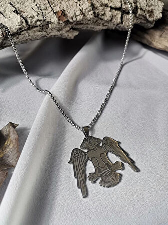Luna Jewelry Erkek Gümüş Renk Çift Başlı Kartal 316L Çelik Kolye